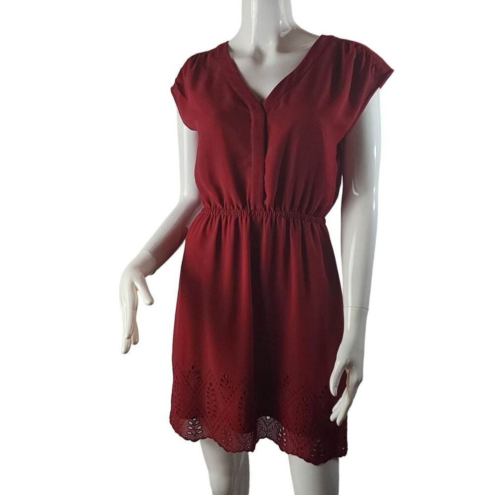 Madewell Womens Red V-Neck Dress Size 0 Embroidered Hem Polyester/Cotton